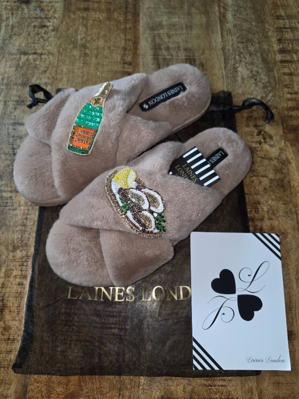 🥿 Laines London Faux Fur Slippers Champagne & Lobster Brooches